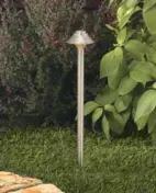 PATH FINDER: Vista's stainless steel petite path light will brighten up any property. Model 2167, designed to specification grade standards, features a "turn-to-lock" lamp base for easy servicing. The optical-grade frosted lens is fitted with a silicone gasket for a weather-tight seal. The fixture measures 16-1/2 inches high and has a 3-1/2-inch shade. The product can be mounted into threaded hubs in junction boxes, ground stakes, or floor-mounting canopies.