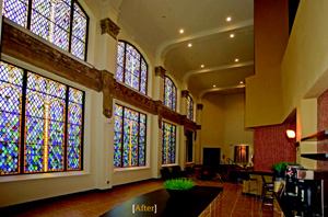 ILLUMINATING PRESENCE: Panes of stained glass windows adorn the lobby of Sanctuary Lofts, a church–turned–student housing community in San Marcos, Texas. The developer was a partnership between Tekoa Partners and Momark Development.