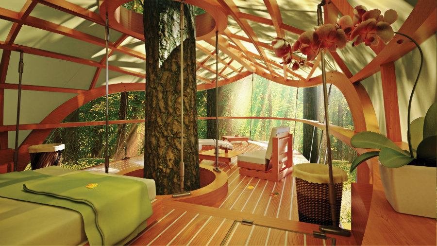 The E’terra Samara Resort features 12 units that are suspended from trees in the Canadian forest.