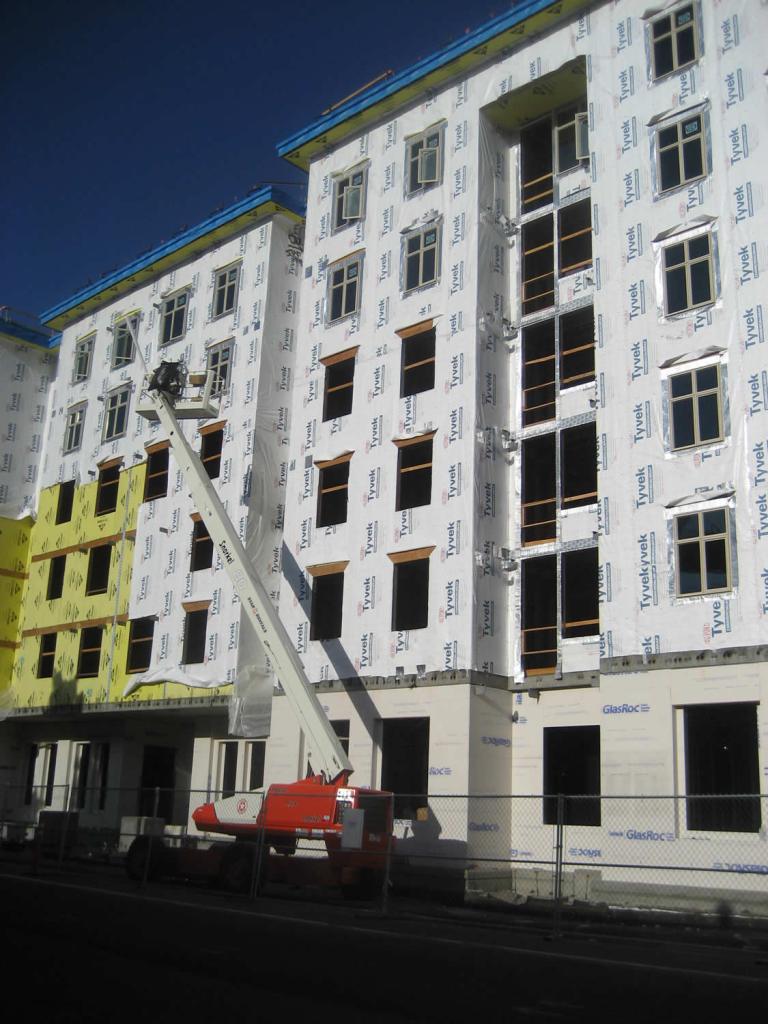 The Ramona Apartment: DuPont™ Tyvek® CommercialWrap® air Barrier was installed over the exterior gypsum board sheathing, with mechanical fasteners.