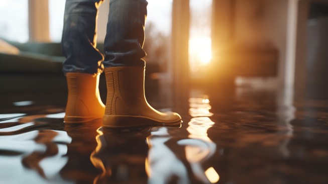 Photo of A man in rubber boots stands in a flooded modern house with a minimal interior. Close-up on the feet. ultra realistic, --ar 16:9 --style raw Job ID: 53f5c23d-06b8-4c32-971f-5f10f5abdd51