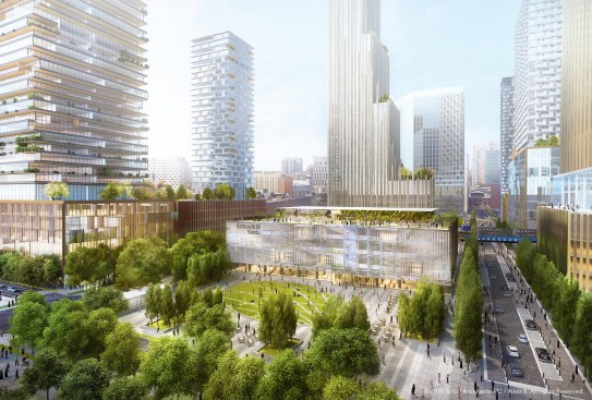 View from Amtrak’s 30th Street Station looking west towards Drexel Square, a re-imagined One Drexel Plaza and a new esplanade along JFK Boulevard.